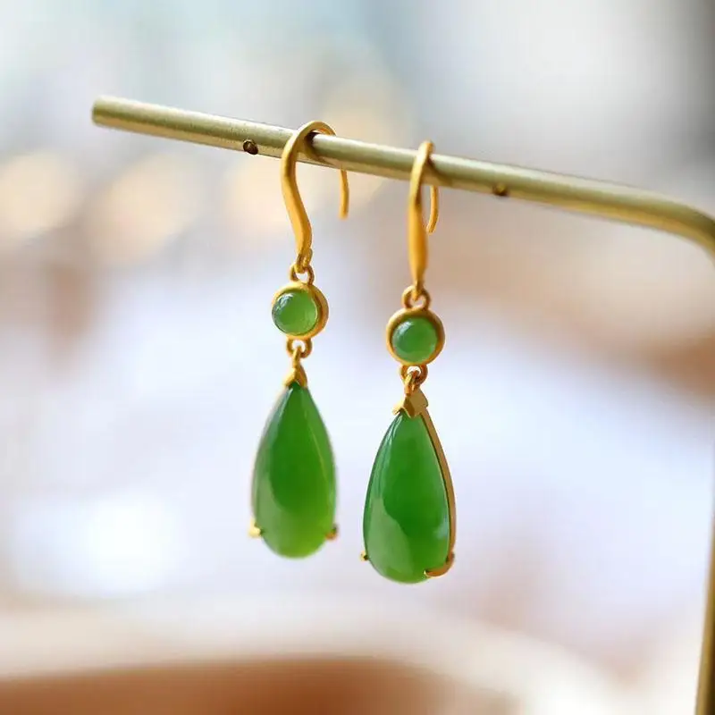 

New S925 Sterling Silver Inlaid Hetian Jade White Jade Earrings Classic Ear Hook Simple Fashion Valentine's Day Gift