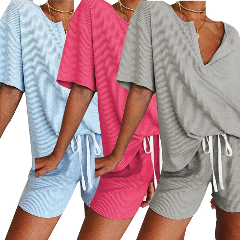 

Summer Pajamas Women's Solid Color V-Neck Short-Sleeved Shorts Fashionable Temperament Loose and Comfortable Homewear