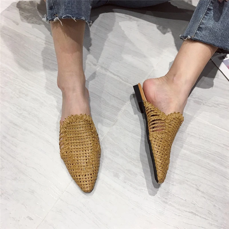 

2021 spring and summer casual fashion flat straw sexy high-heeled ladies half-drag wild Baotou sandals pointed toe Mules