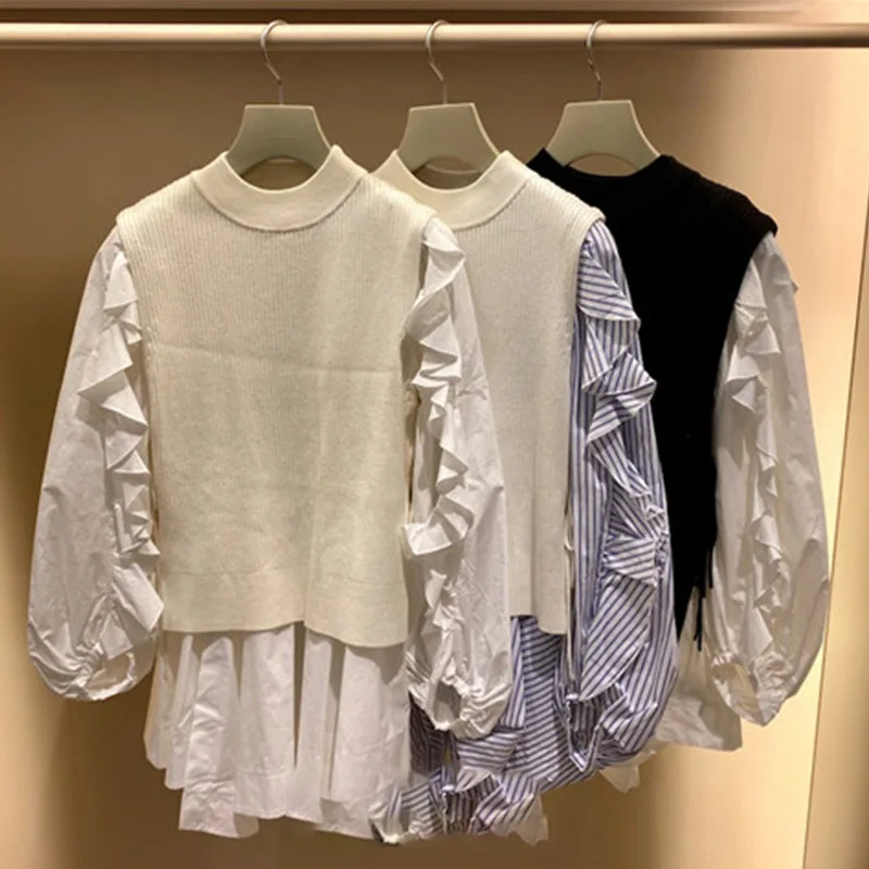 

Turn Down Collar Long Sleeve Ruffles Shirts Japan Style O Neck Knit Vest Spring New Moda Loose Suit 2 Pcs Office Lady Women Set