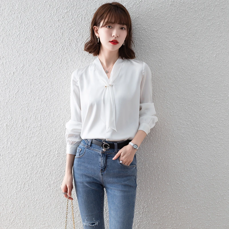 

Женская шифоновая блузка в стиле пэчворк, повседневная элегантная белая блузка с длинным рукавом и V-образным вырезом, весна-осень 2021