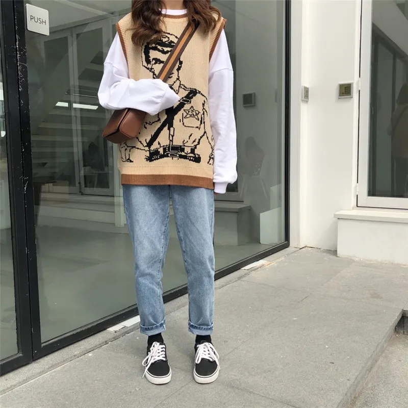 Vintage Cartoon Printed Knitted Sweater Vest Casual Sleeveless Loose Pullover Tank Tops Female Oversized Pullovers Femme