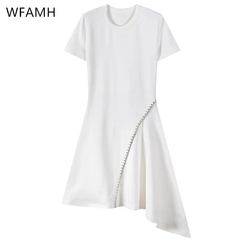 

2021 Spring And Summer New Round Neck Irregular Hem Rhinestone Stitching Dress Women's A-line Skirt Temperament COTTON Polyester