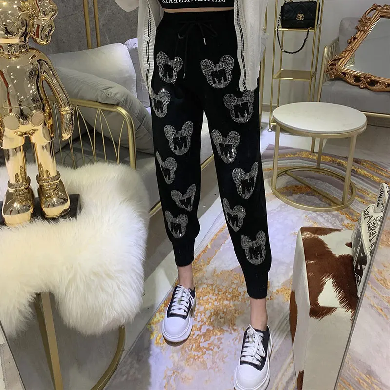 

Women's printed pants, loose pants, elastic waist, women's black, fashion 2020, autumn leisure high waist