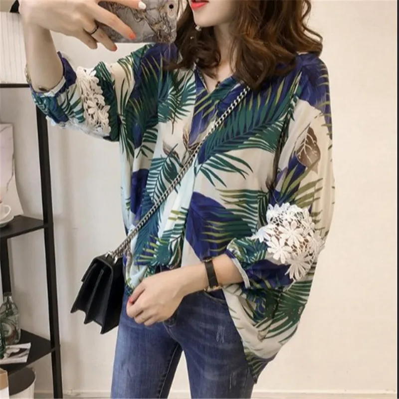 Новые женские летние топы с принтом Блузки 2021 модные рубашки кружевом 3/4 блузка