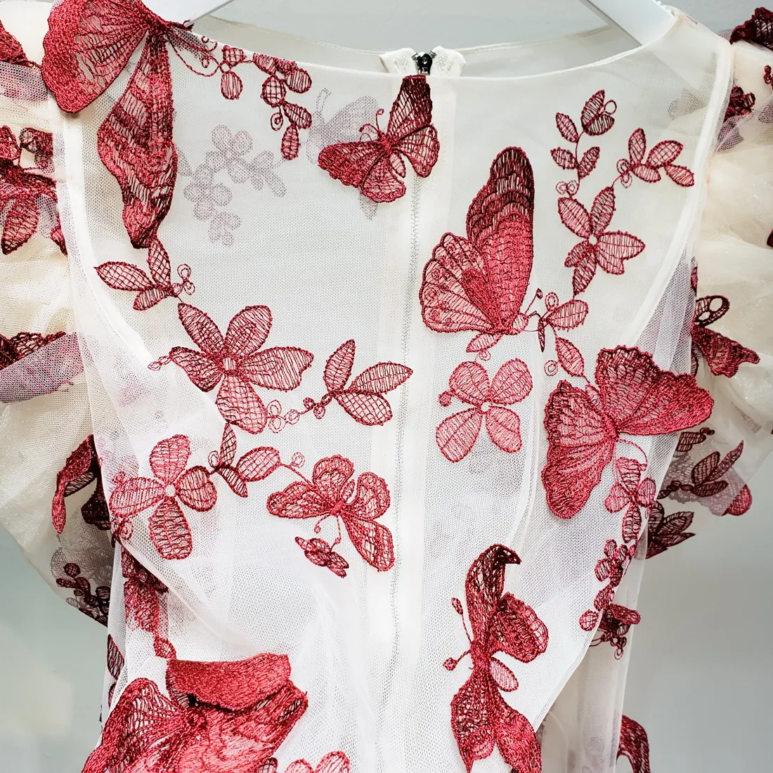 L77street Heavy Industry Mesh Butterfly Embroidered English Lantern Sleeve Perspective Slim Long Sleeve Thin Shirt