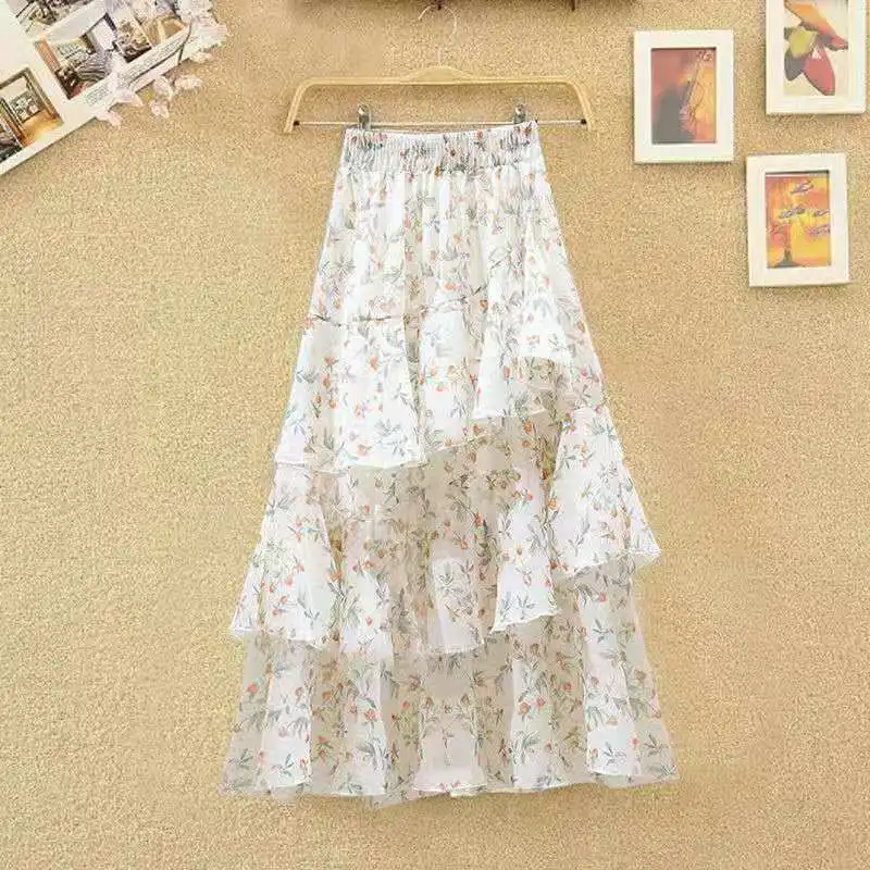 

Summer 2021 Flower Irregular Ruffle Versatile A-line Ins Super Fairy Cake Skirt Mid Length Skirt