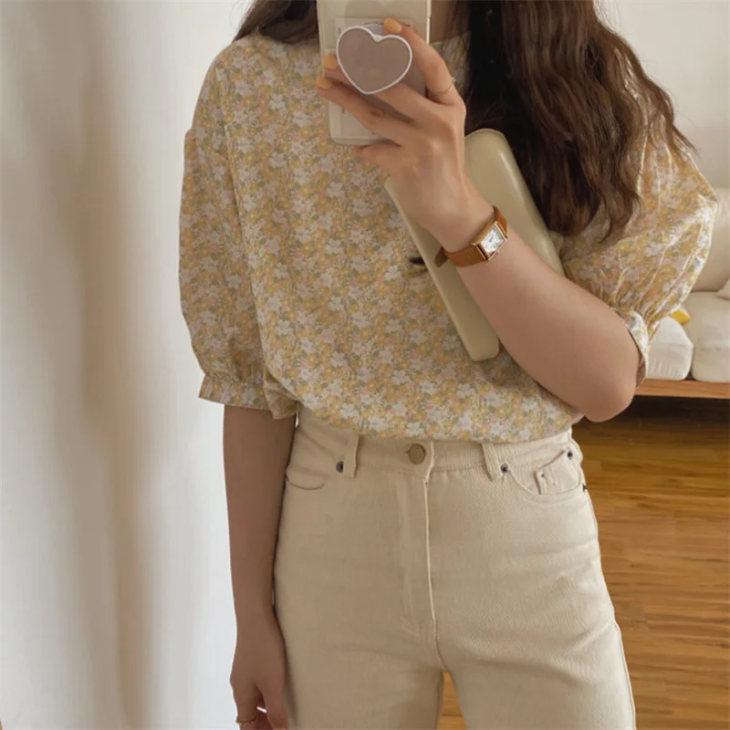 

New Design Florals Blouses Women 2021 Printed Short Sleeves Summer Party Chic Girls Elegant All Match Prom Shirts Tops