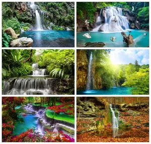 Фон для детской фотосъемки с изображением летних природных пейзажей водопада цветов деревьев озера камней