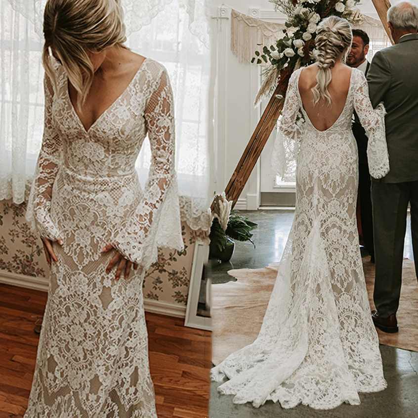 

Rustic Style Lace Mermaid Wedding Dresses Sexy Backless Illusion Long Flare Sleeves Bride Dress V Neck Country Boho Bridal Gowns