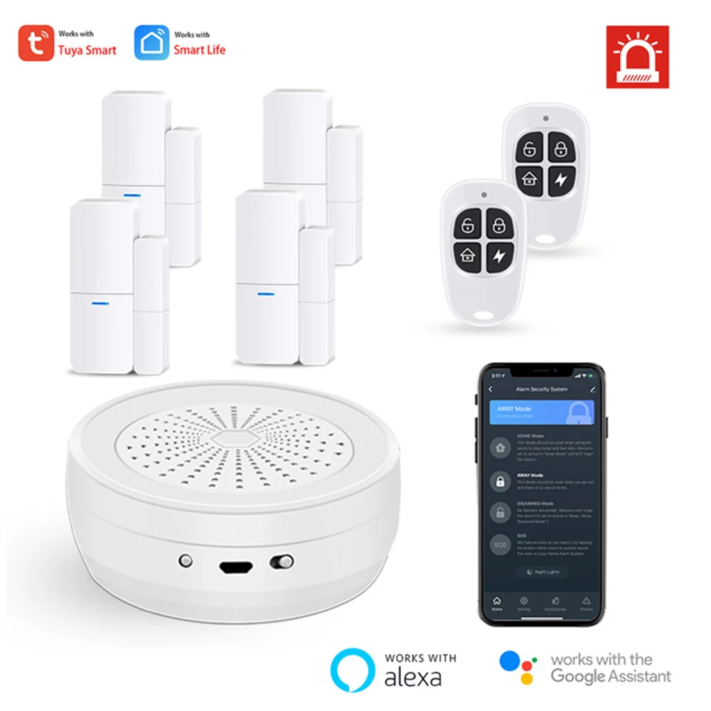 

Tuya Smart WiFi RF Hub Door Adjustable Siren Alarm System Alexa Google Arm/Disarm SOS Away Stay Four Mode Systetem APP Control