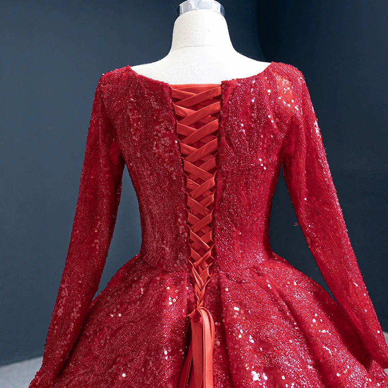 J67121 JANCEMBER Red Elegangt Simple Evening Party Dresses 2021 Sequined Court Train O-Neck Full Sleeve Ball-Gowns