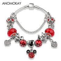 dropshipping hot red crystal mickey minnie beads bracelet bangle silver plated family charm bracelet fashion diy jewelry gift