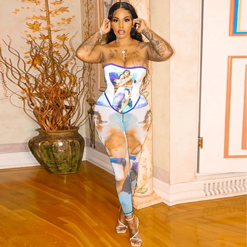 

2020 Sexy Women 2 Pieces Sets Strapless Off Shoulder Tank Print Bodycon Slim High Waist Long Pants Two-piece Club