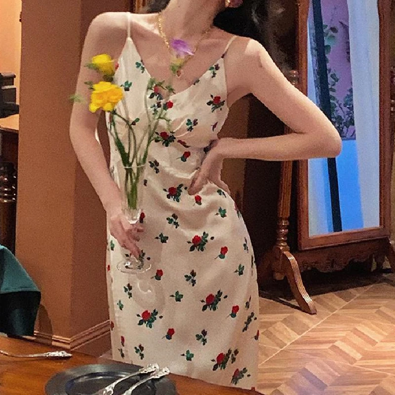

Женское офисное платье, шифоновое элегантное винтажное платье на бретелях, с V-образным вырезом и цветочным принтом, в Корейском стиле, лето,...