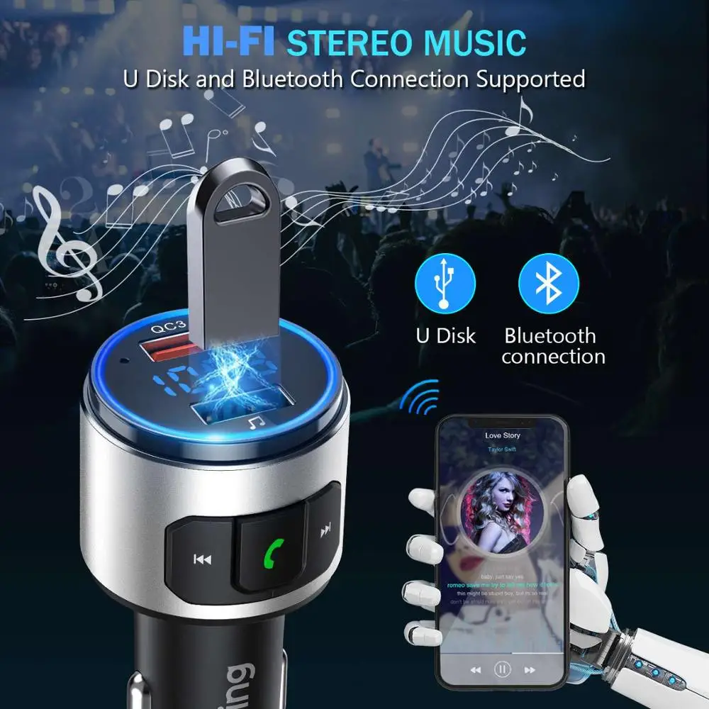 VicTsing автомобильный Bluetooth V5.0 fm передатчик QC3.0 беспроводной радио адаптер MP3 плеер с