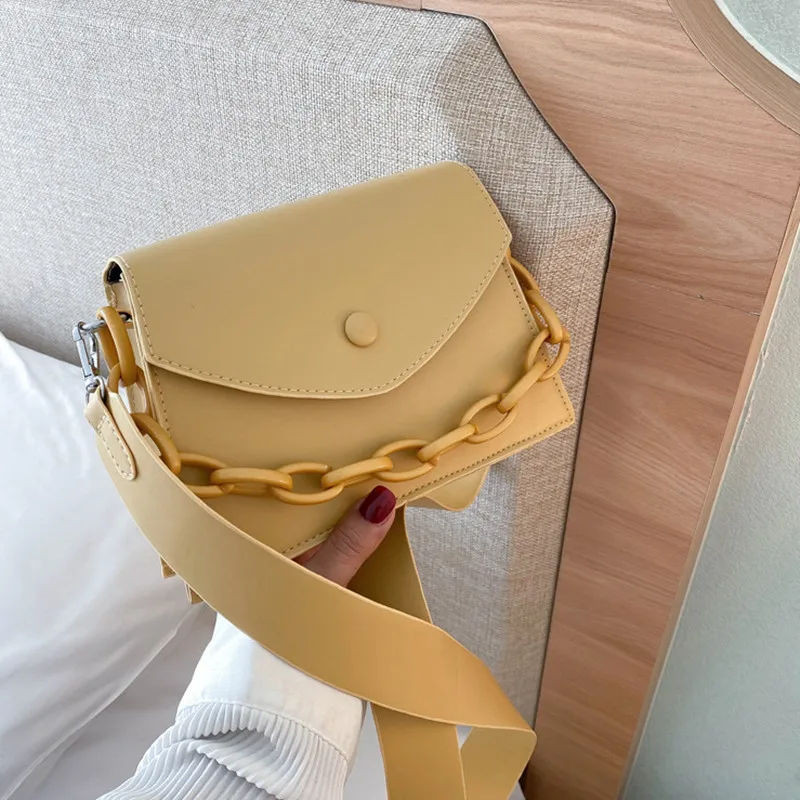 

Women's Shoulder Bag 2021 New Korean Fashion Wide Shoulder Strap Messenger Bag Yellow Textured Female Bag Solid Color Handbags