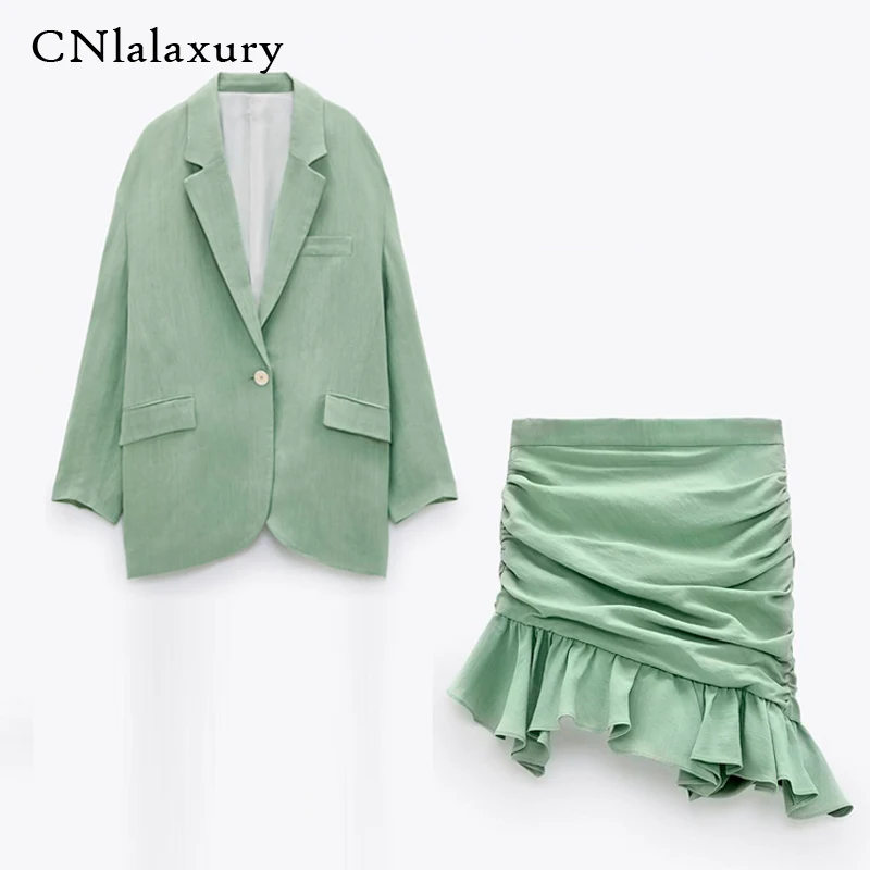 Женский офисный костюм-двойка зеленый Блейзер и юбка-карандаш в стиле ретро 2020 |