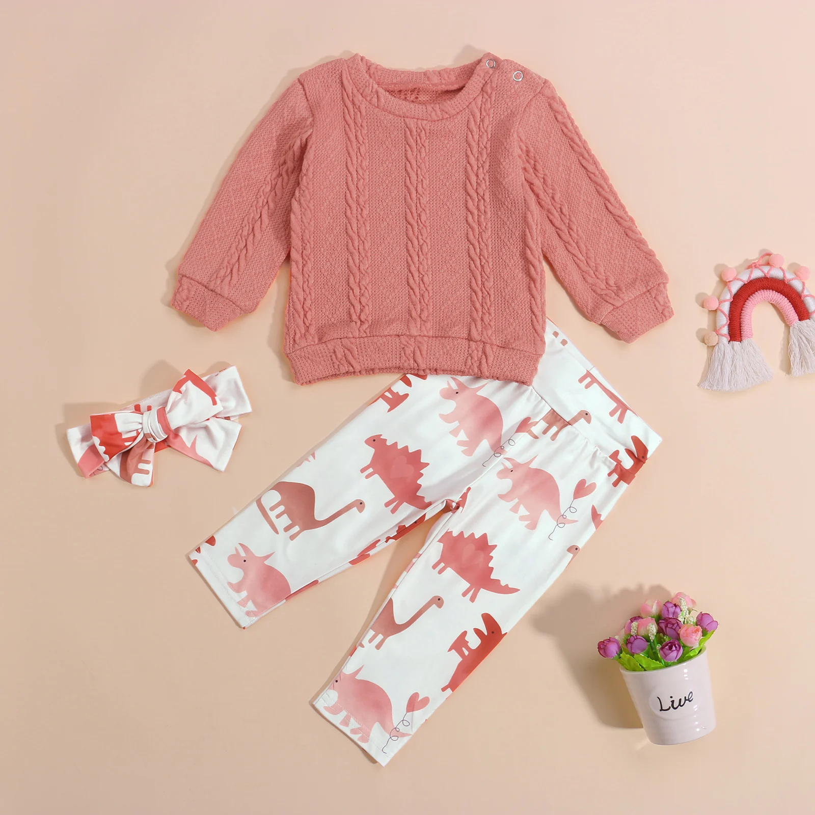 

Toddler Baby Girl Fall Winter Outfits Long Sleeve Knit Pullover Sweater Top Dinosaur Print Pants with Headband