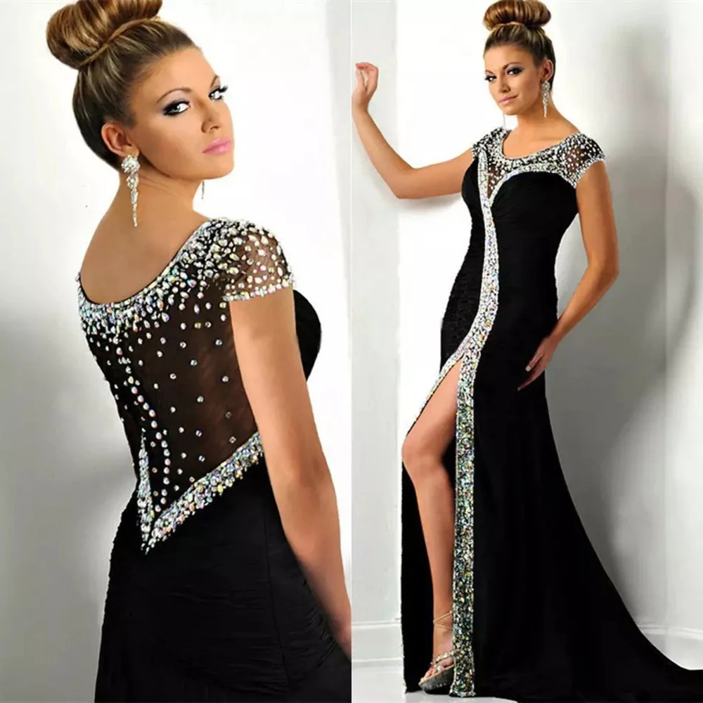 

Black Chiffon Trumpet Sleeveless Thigh-High Slits Evening Dresses Scoop Mermaid Pleat Crystal Formal Prom Party Gown