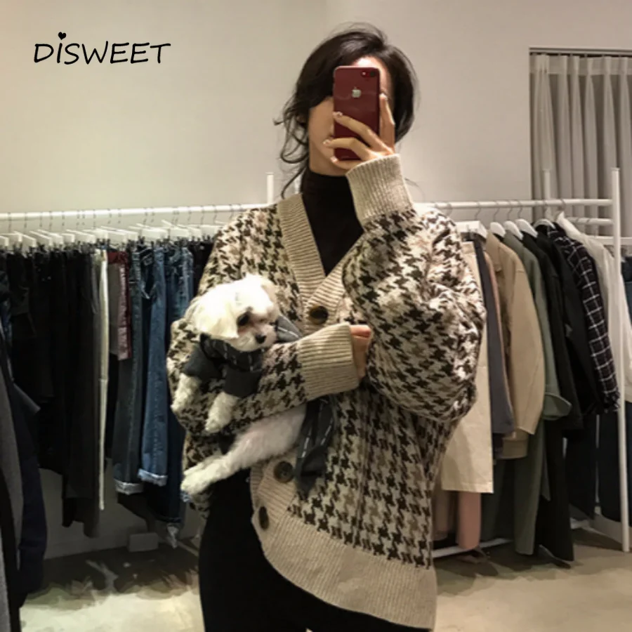 Женский трикотажный кардиган на пуговицах свитер большого размера d в клетку с V