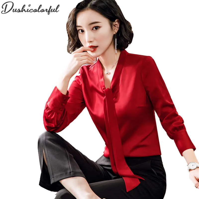 

Dushicolorful Bow Tie Blouse Women's Clothing Long Sleeve White Chiffon Blouse OL Ladies Work Wear Shirt Solid Gold Formal Tops