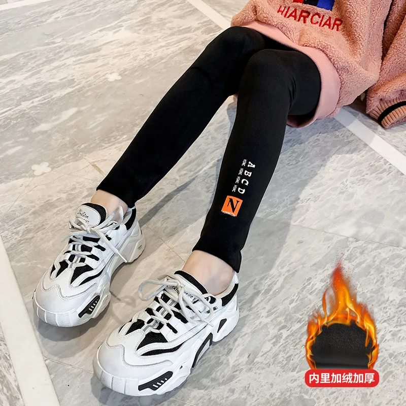 

Teenage Girls Autumn Winter Plus Velvet Thickening Leggings Black Letters Warm Fashion Tight-Fitting Boutique Christmas Pants