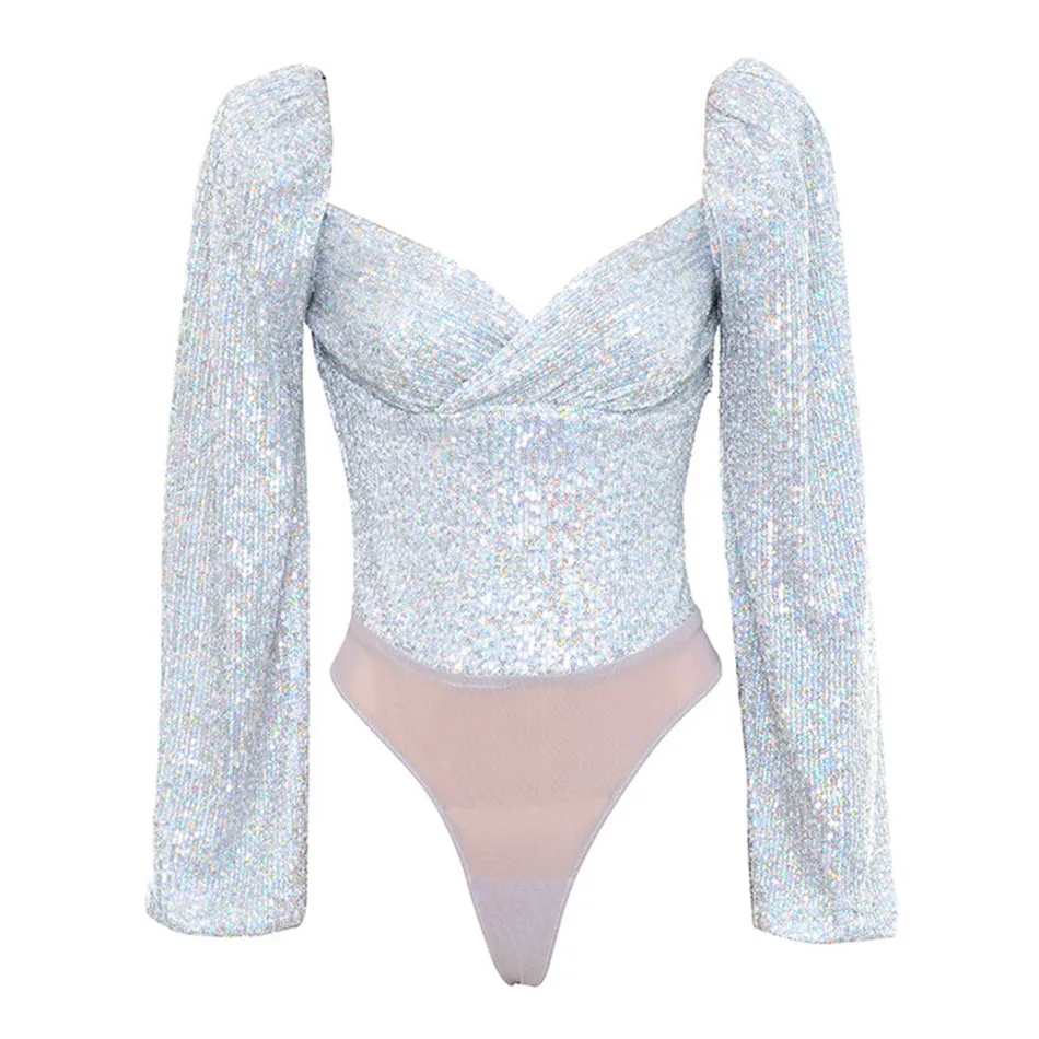Блестящий Женский комплект из двух предметов боди фольги с блестками и длинным