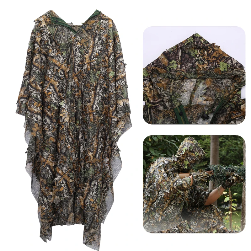 

Outdoor 3D Leaves Camouflage Ghillie Poncho Camo Cape Cloak Stealth Ghillie Suit Military CS Woodland Wildly Hunting Apparel