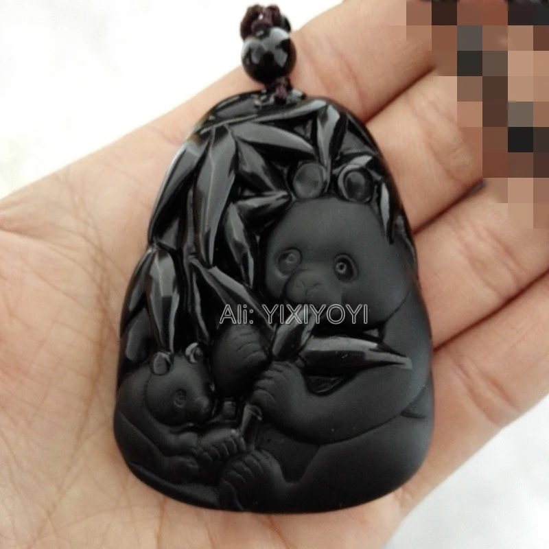 Красивый натуральный черный обсидиан резные Chiense милые Boomboo Panda для мамы и ребенка