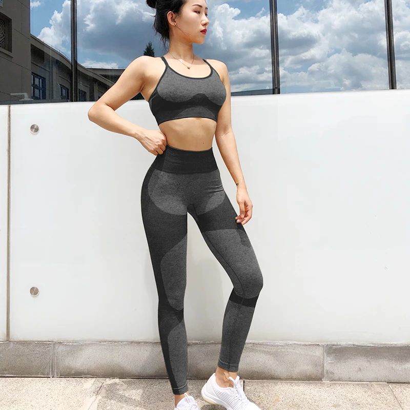 Black set Сексуальный Бесшовный комплект для йоги Женская одежда для фитнеса спортивная одежда женские леггинсы для спортзала мягкий пуш-ап спортивный бюстгальтер спортивный костюм - Цвет: Black set