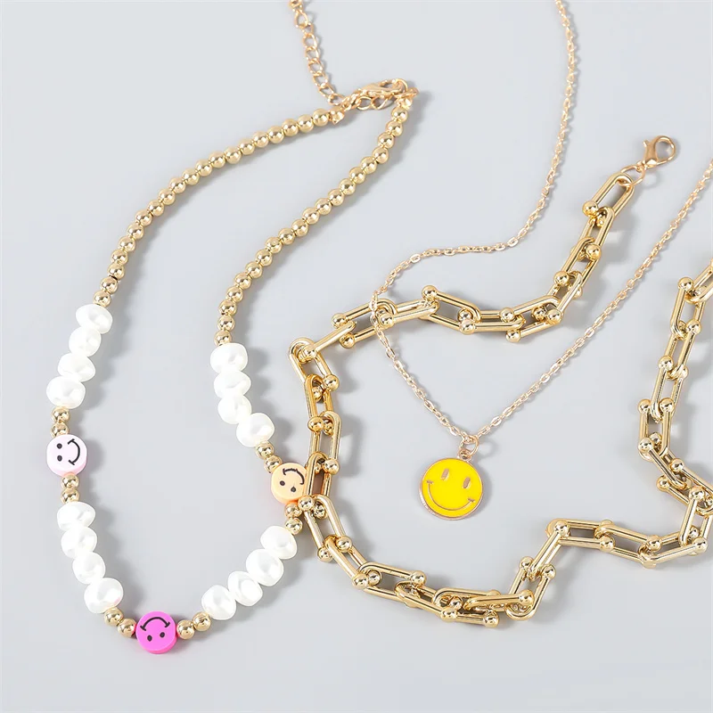 

3 шт./комплект ожерелье модное богемное жемчужное Радужное ожерелье-чокер женские Металлические ожерелья-подвески со смайликом ювелирные и...