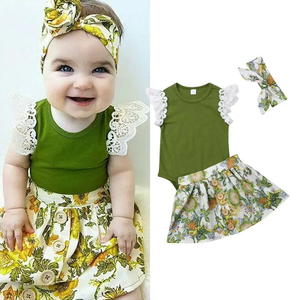 

0-24M Newborn Baby Girls Floral Clothes Lace Sleeve Tops Romper Floral Tutu Skirt Headband Party Outfits 3PCS Clothes