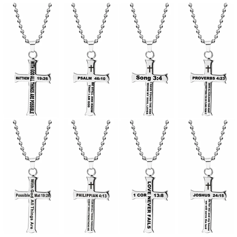 

Retro Christian Jesus Single Titanium Scripture Cross Necklace Stainless Steel Silver Prayer Choker Cross Pendants For Men Colar