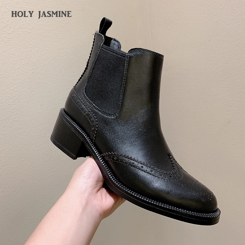 

Autumn New Overall Genuine Leather Ankle for Women Chelsea Boots Women 2020 Fashion Slip-on Retro Booties Ladies Med Heels Shoes