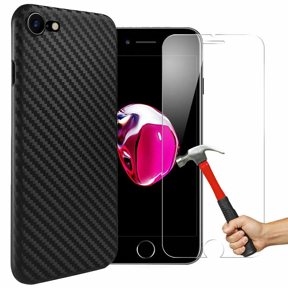 

COQUE HOUSSE CARBONE FOR IPHONE 8 7 6 SE 5s XR X XS MAX+PROTECTION FILM VERRE TREMPE