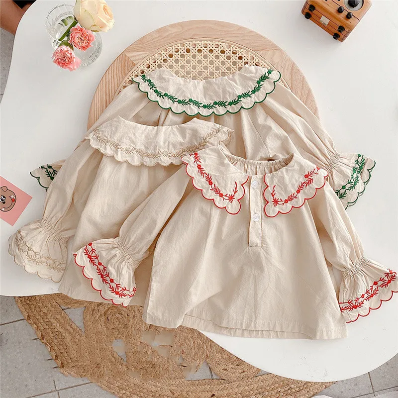 

Spring autumn baby girls turn-down collar Embroidery Shirts Korean style little princess cute loose long sleeve cottton Tops