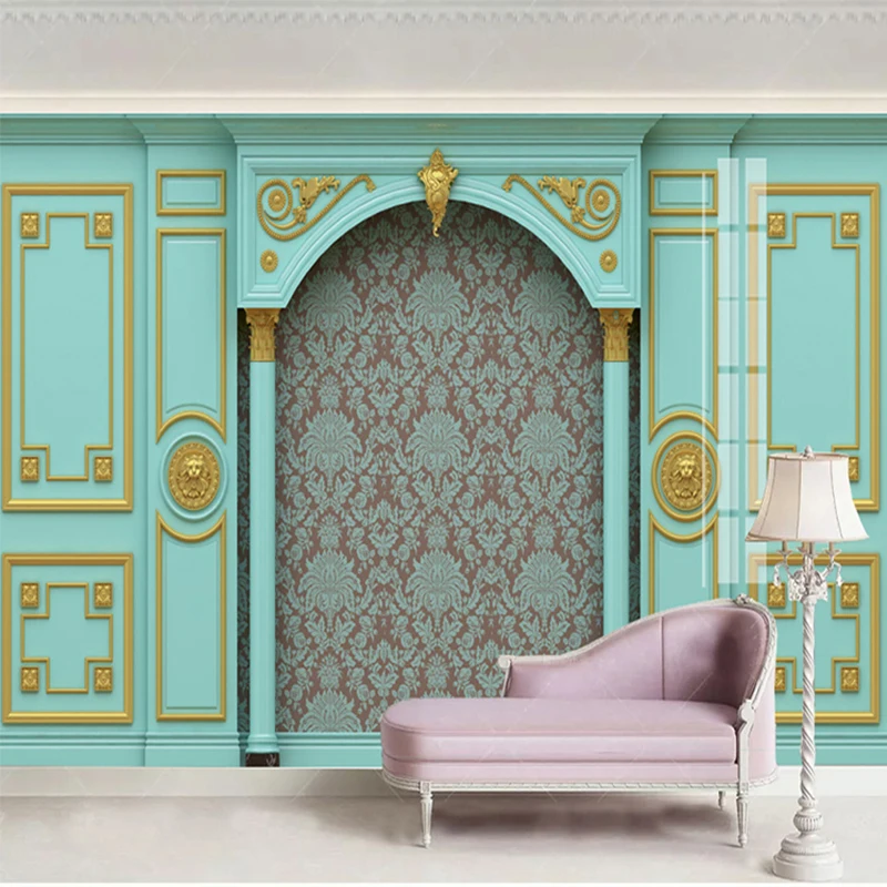 

Wallpaper Stickers Luxury European Exterior Wall Murals Blue Gold Plaid Wall Paper Home Decoration