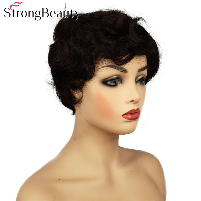 StrongBeauty короткий кудрявый женский парик натуральный черный Пикси СТРИЖКА Полный синтетический парик