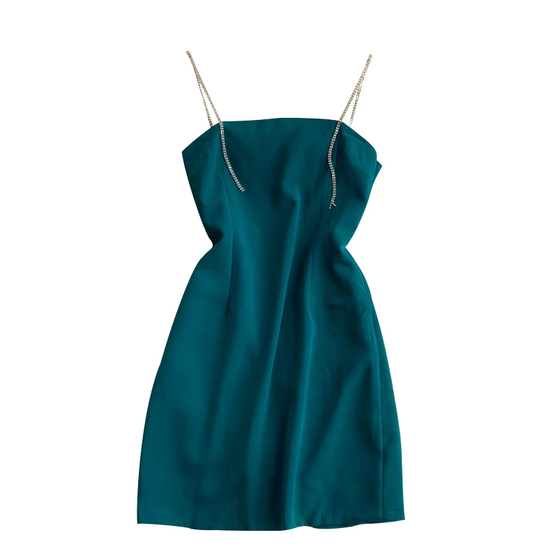 

Korean Style 2021 Spring New Dress Sexy off-Shoulder Slim-Fit Figure Flattering Seaside Holiday Trip Shoot Rhinestone Suspender