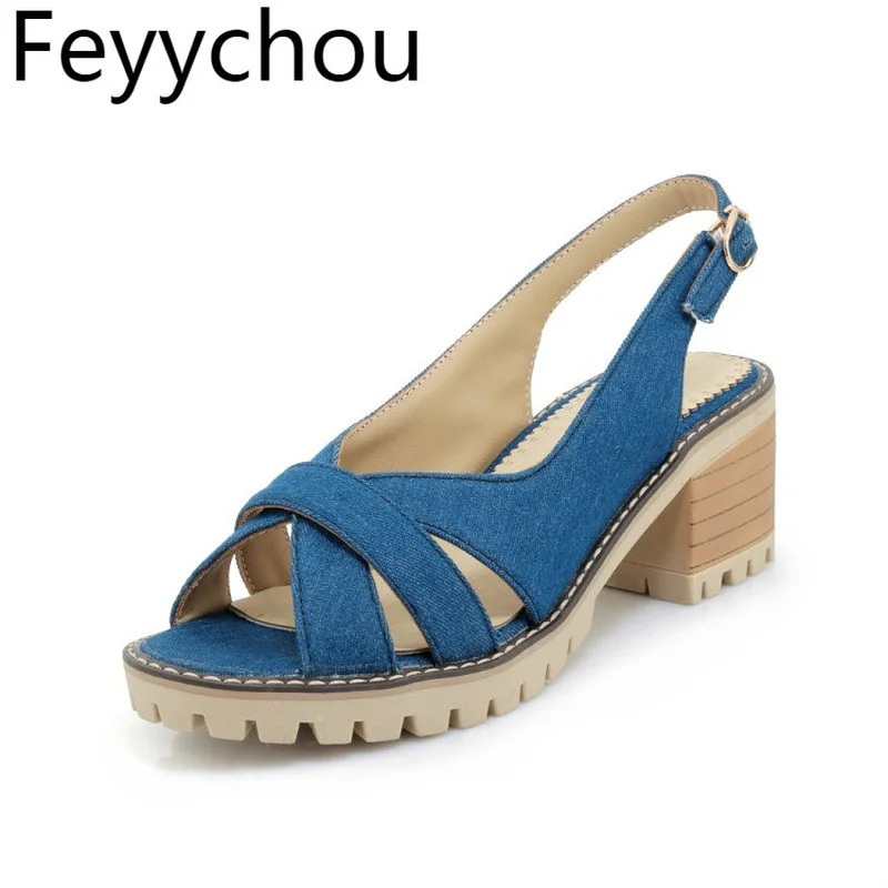 Сандалии женские джинсовые с открытым носком босоножки из денима на среднем