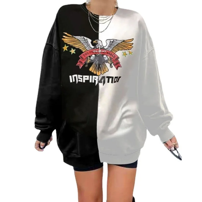 

Свитшот женский оверсайз с принтом орла, модная винтажная уличная одежда с круглым вырезом и длинным рукавом, черный и белый цвета, осень 2021