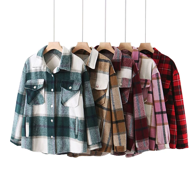 

Plaid Women Oversize Woolen Shirts 2021 Fashion Ladies Soft Thick Shirt Party Female Elegant Loose Tops Vintage Girls Chic Shirt