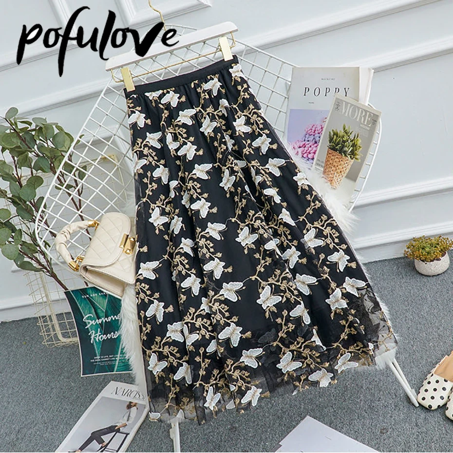 Женская Тюлевая юбка миди с вышивкой бабочки элегантная из газовой ткани высокой