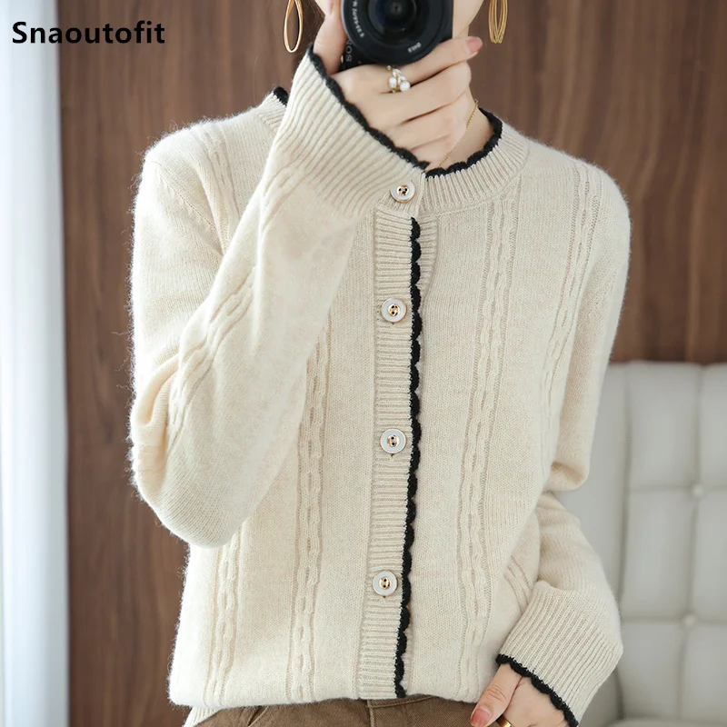 

Wool Cardigan Women's Sweater 21 Fall/Winter New Color Matching Round Neck Twist Knit Top Loose Large Size Pure Color All-Match