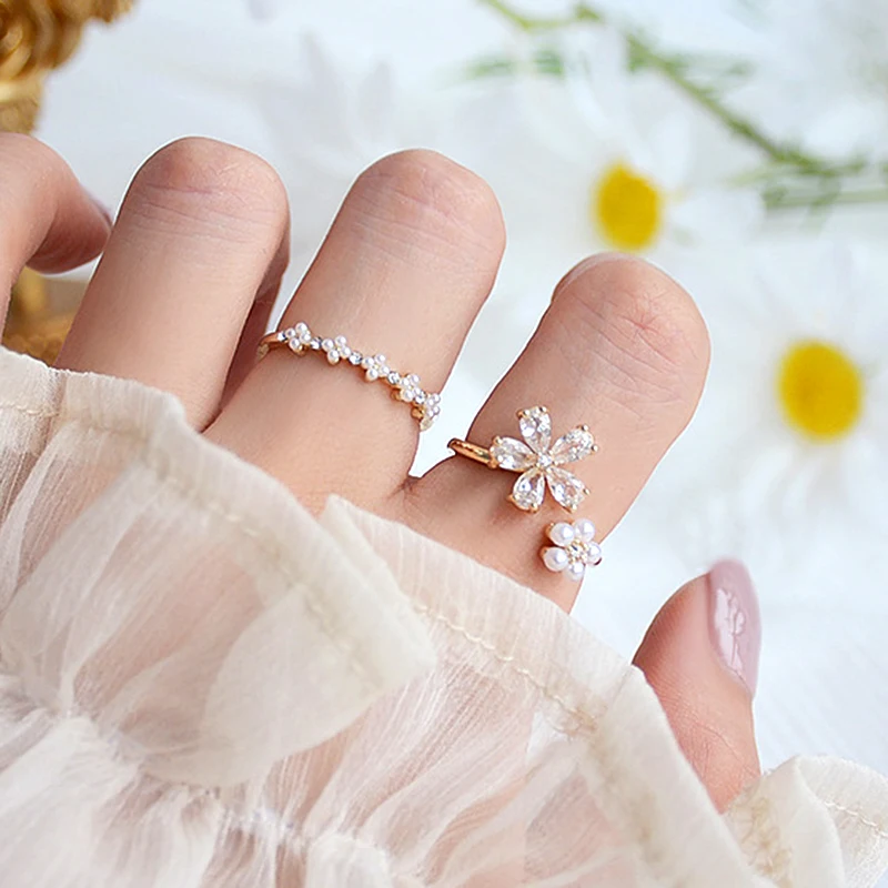 

Romantic Charming 14k Real Gold Crystal Pearl Flowers Rings for Women Jewelry Adjustable Open Brilliant AAA Zirconia Party Gift