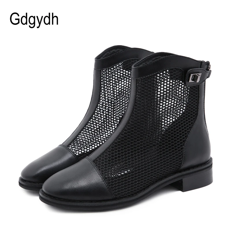 Женские ажурные ботинки Gdgydh черные дышащие на блочном массивном каблуке в