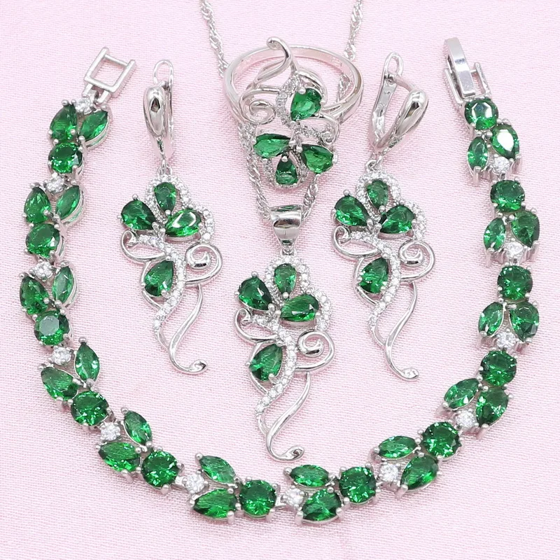 Серебряные Ювелирные наборы для женщин свадебный подарок Благородный зеленый