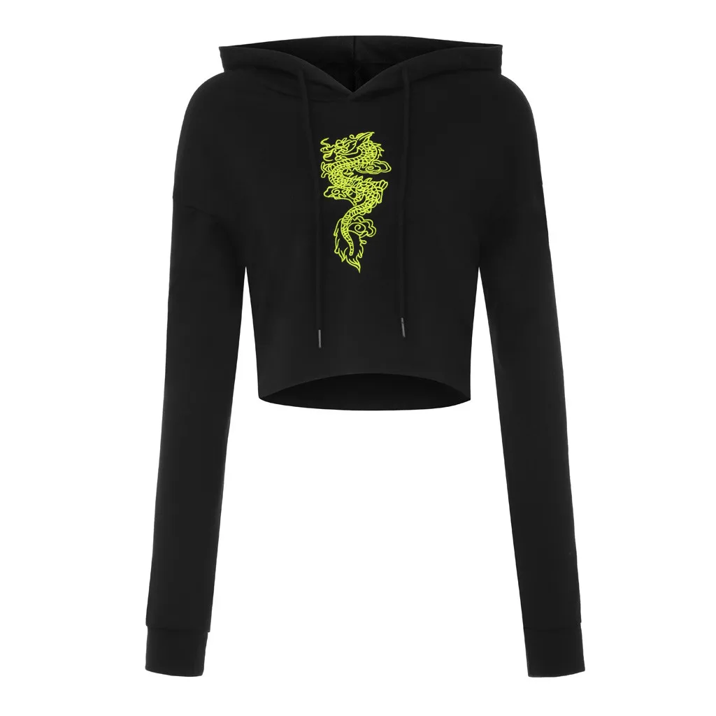 Топы женские модные китайский дракон вышивка на шнурке Кепка капюшон Топ