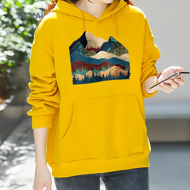 

2020 Winter chic baggy street pair goth Harajuku plus-size sweatshirts Sunset scenery alpine print women's hoodie sunrise Tops
